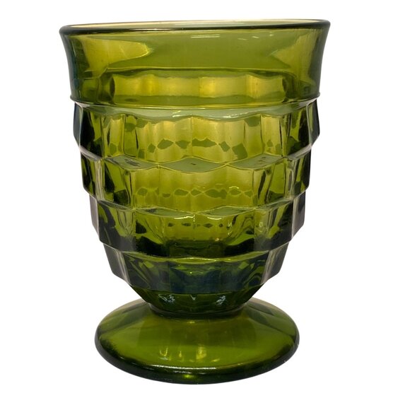 Vintage Indiana Colony Whitehall Cubist Avocado Green Glass Footed Goblet 4 1/4" - Picture 2 of 9